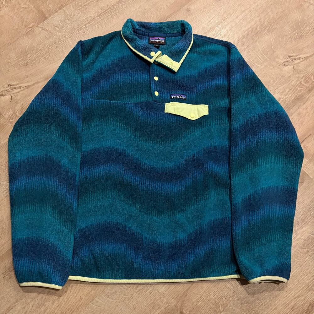 Patagonia Synchilla Snap-T Fleece Pullover Teal Blue Green Wave Print Women's XL